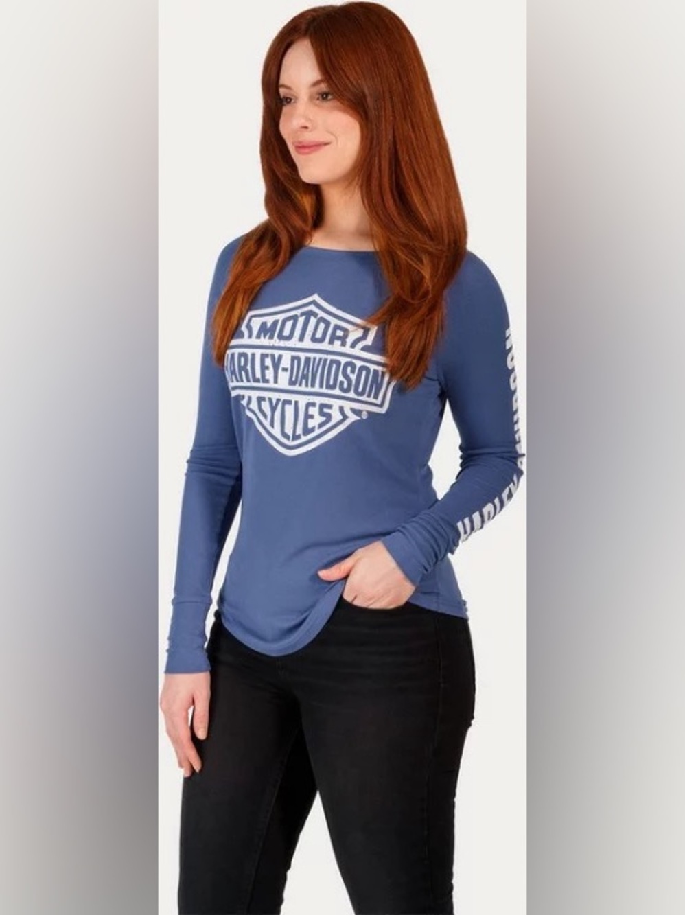 Harley-Davidson Blue Graphic Long Sleeve Tee Moto Biker Y2K Women Size L